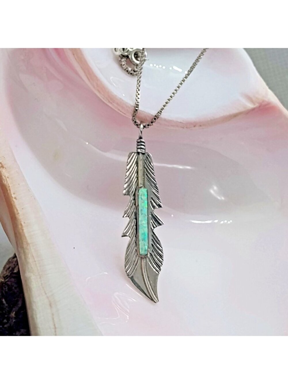 Native Zuni Signed Barney Sterling Silver Opal Inlay Feather Pendant Necklace